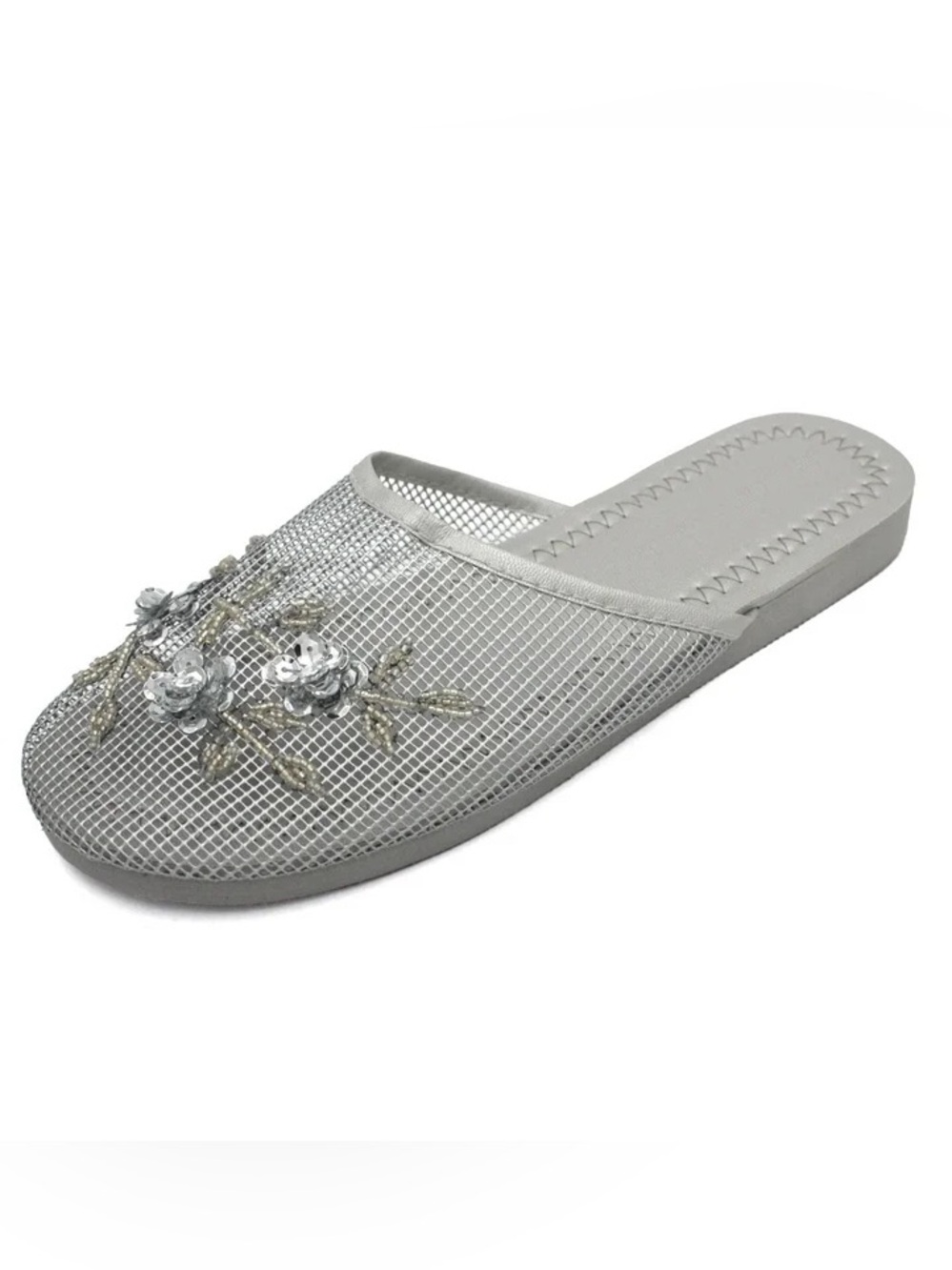 Silver Beaded Floral Mesh Slide Mule